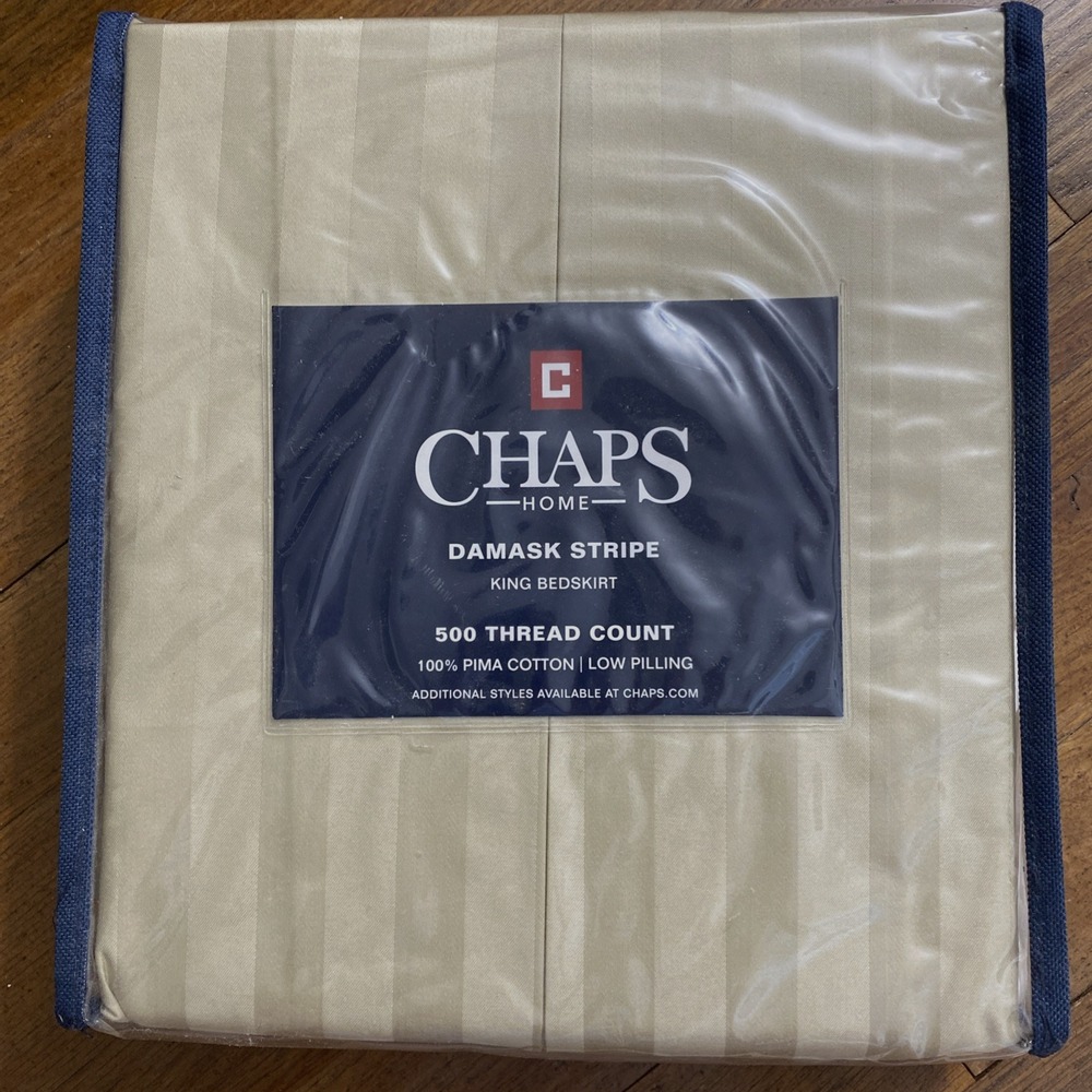Chaps Home Damask Stripe 100% Pima Cotton 500TC King Bedskirt Oatmeal Brand New